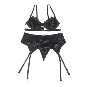 SUBBLIME - LOT 3 PIÃCES SOUTIEN-GORGE + STRING + JARRETIÃRE DENTELLE NOIR L/XL